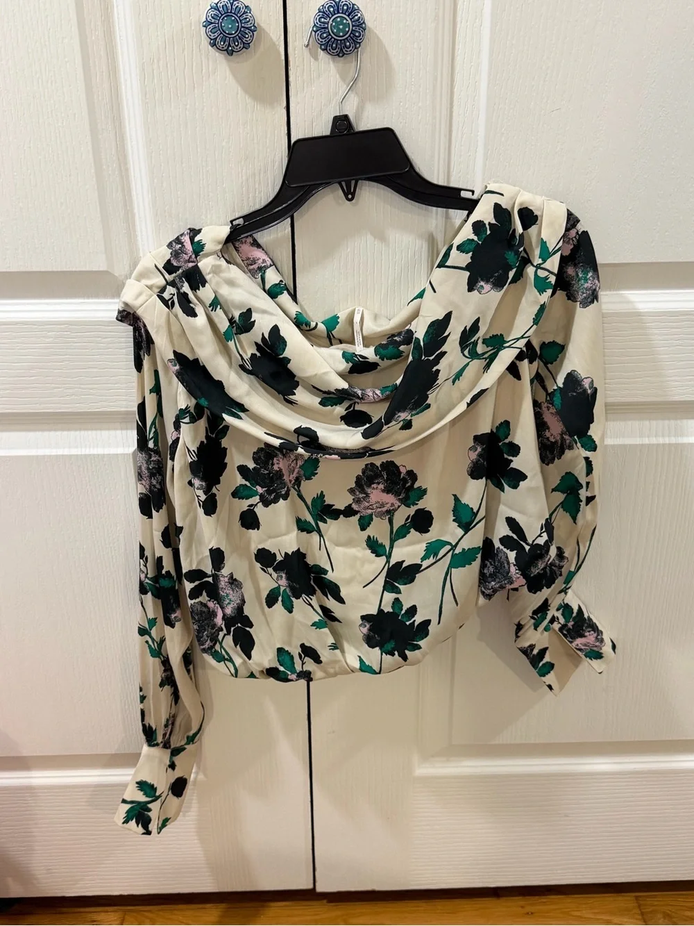 Free People Cream Floral Off-Shoulder Blouse with Green & Black Accents